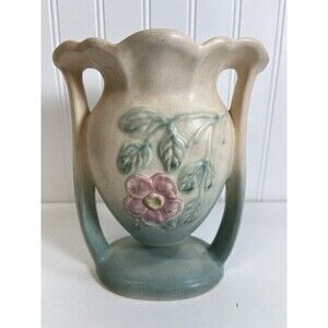 Vintage Hull pottery pink/blue Vase Dogwood wild rose 502  6  1/2  Double handle